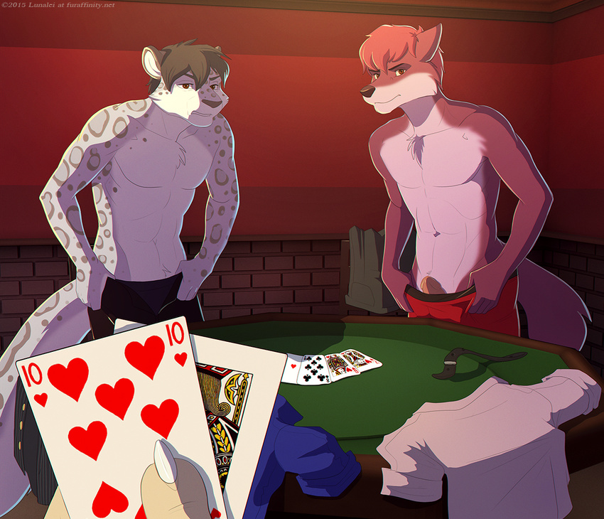 2015 adrian anthro canine card clothed clothing embarrassed erection feline group half-dressed humanoid_penis leopard looking_at_viewer lunalei male mammal penis playing_card poker poker_table royal_flush snow_leopard standing strip_poker topless underwear undressing wolf