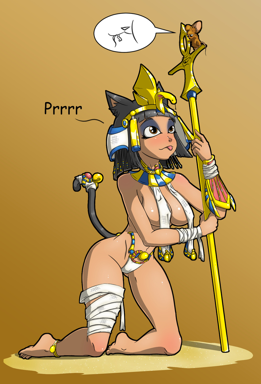 animal_humanoid bastet big_breasts black_hair blush breasts brown_eyes carnivate cat_humanoid cat_tail clothed clothing dialogue ear_piercing egyptian english_text erect_nipples feline female feral hair humanoid mammal mouse nipples piercing rodent size_difference skimpy staff text tongue tongue_out