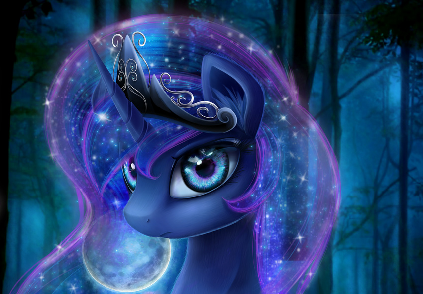 2015 blue_hair crown female feral forest friendship_is_magic hair hi_res horn long_hair looking_at_viewer lyra-senpai moon my_little_pony night outside princess_luna_(mlp) royalty tree