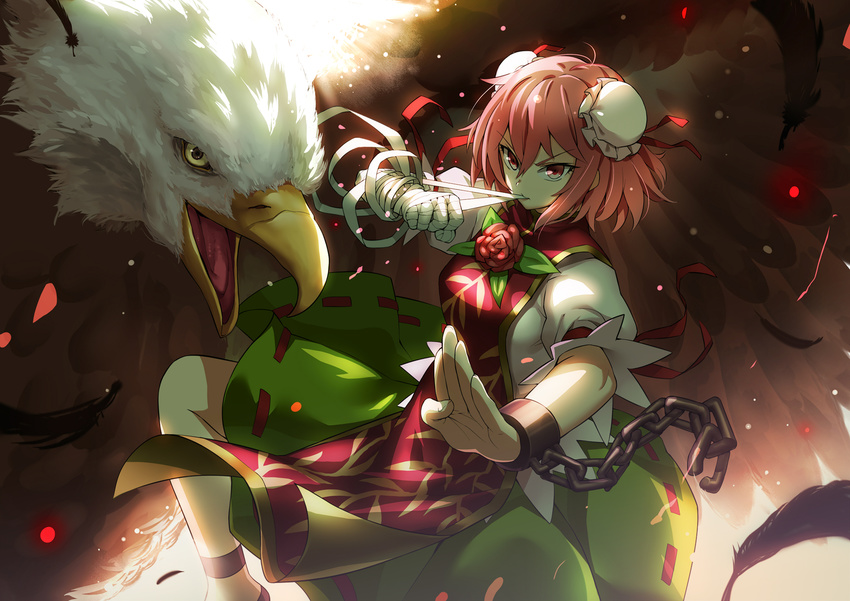 bald_eagle bandages bird bobomaster breasts bun_cover chain chinese_clothes cuffs double_bun eagle fighting_stance flower highres ibaraki_kasen looking_at_viewer medium_breasts mouth_hold pink_eyes pink_hair red_eyes rose short_hair solo tabard touhou