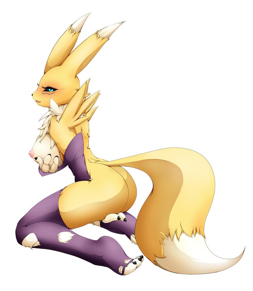 big_breasts black_sclera blush breast_grab breast_squish breasts butt chest_tuft clothing digimon elbow_gloves female fur gloves green_eyes lalox legwear nipples plain_background renamon solo thigh_highs torn_clothing tuft white_fur yellow_fur