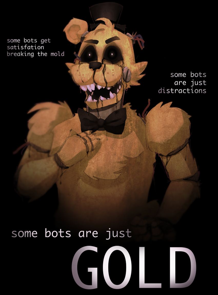 animatronic bow_tie five_nights_at_freddy's glowing glowing_eyes golden_freddy_(fnaf) lady-was-taken machine mechanical oil robot video_games