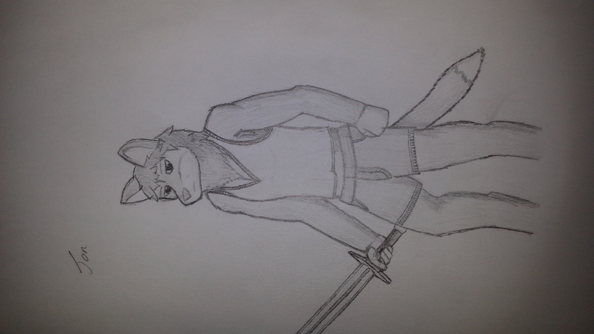 arc-blade arc-blade_sword canine clothed clothing embers feline fox hybrid invalid_tag jon lion male mammal mange melee_weapon monochrome pencil pencil_work shorts sleeveless_shirt story_in_description sword traditional_media_(artwork) weapon