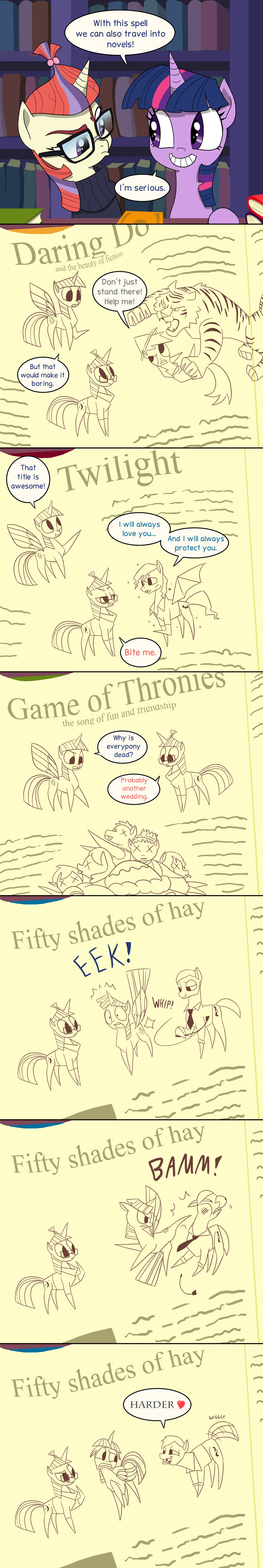 2015 50_shades_of_gray bat_pony book comic daring_do_(mlp) dialogue doublewbrothers edward_cullen english_text equine feline female friendship_is_magic game_of_thrones horn mammal masochism moondancer_(mlp) my_little_pony pegasus text tiger twilight_(series) twilight_sparkle_(mlp) unicorn vampire winged_unicorn wings