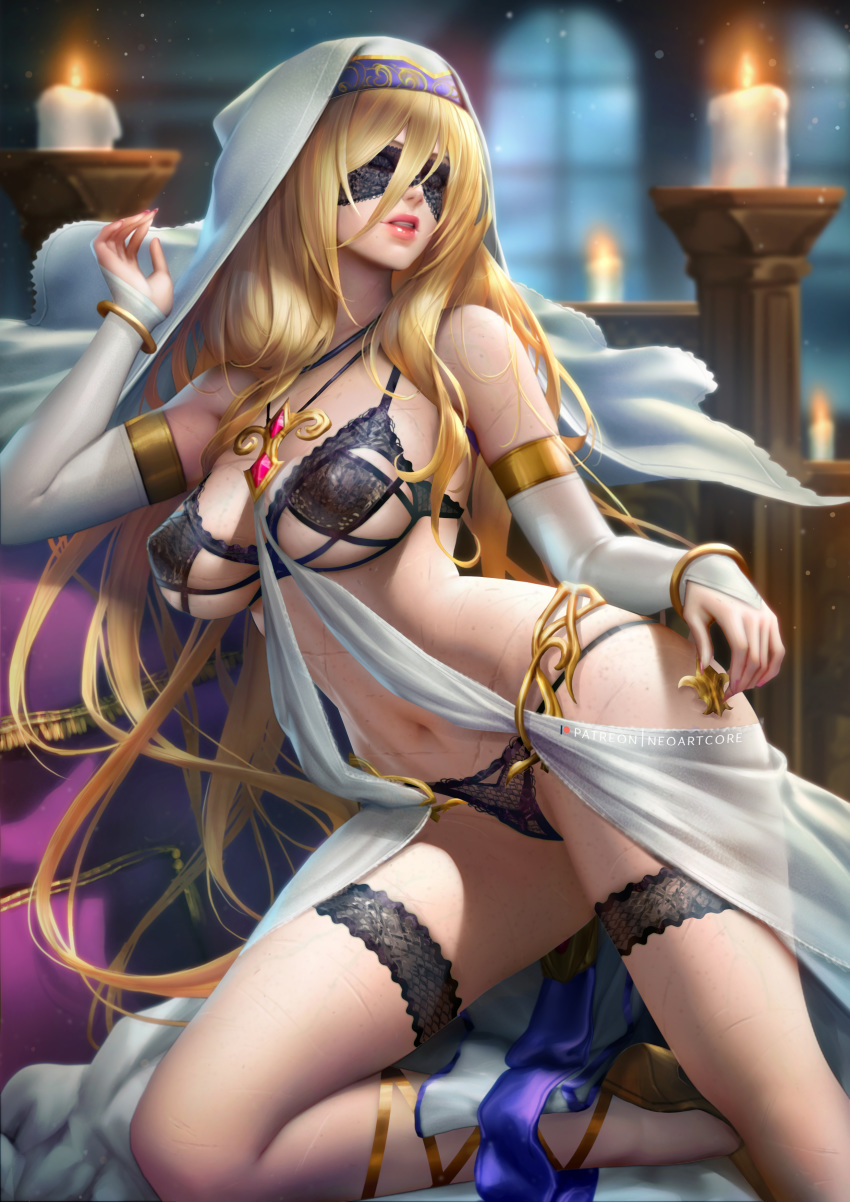 absurdres black_bra black_legwear black_panties blindfold blonde_hair blue_eyes blush bottomless bra breasts bridal_gauntlets candle covered_nipples dress erect_nipples goblin_slayer! highres jewelry large_breasts lingerie lips long_hair nail_polish navel nudtawut_thongmai paid_reward panties parted_lips patreon_reward pendant pussy see-through solo sword_maiden underwear very_long_hair whip_marks