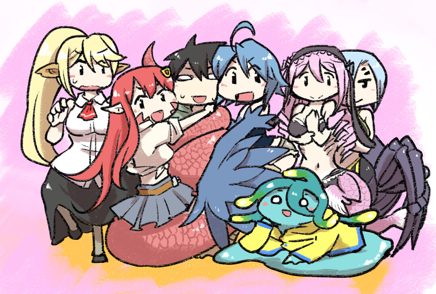 6+girls :d ahoge animal_ears aqua_hair arachne black_hair blonde_hair blue_hair blue_wings blush_stickers centaur centorea_shianus crayon_(medium) drill_hair extra_eyes fang feathered_wings feathers gills goo_girl hair_ornament hairclip harpy highres horse_ears insect_girl kurusu_kimihito lamia lavender_hair long_hair mermaid meroune_lorelei miia_(monster_musume) monster_girl monster_musume_no_iru_nichijou multiple_girls multiple_legs navel nobuyoshi-zamurai open_mouth papi_(monster_musume) pink_hair pointy_ears rachnera_arachnera raincoat red_eyes red_hair scales smile snake_bondage spider_girl suu_(monster_musume) sweatdrop traditional_media wings