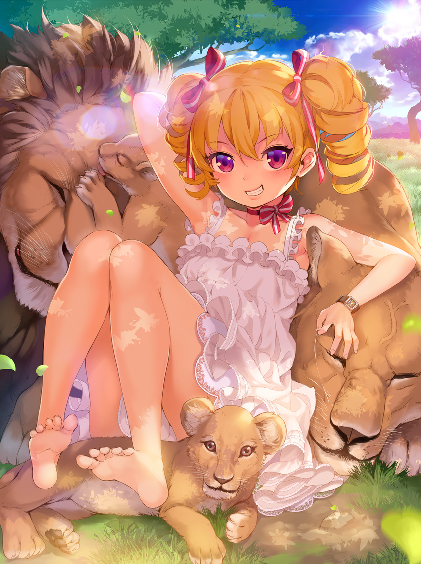 absurdres apple_watch banned_artist barefoot blonde_hair blue_sky closed_eyes cloud cub day dress drill_hair furyou_michi_~gang_road~ grass grin highres licking lion lion_cub looking_at_viewer neck_ribbon outdoors pink_eyes ribbon sitting sky smile solo tongue tree twin_drills umbrella_thorn watch white_dress wristwatch xil