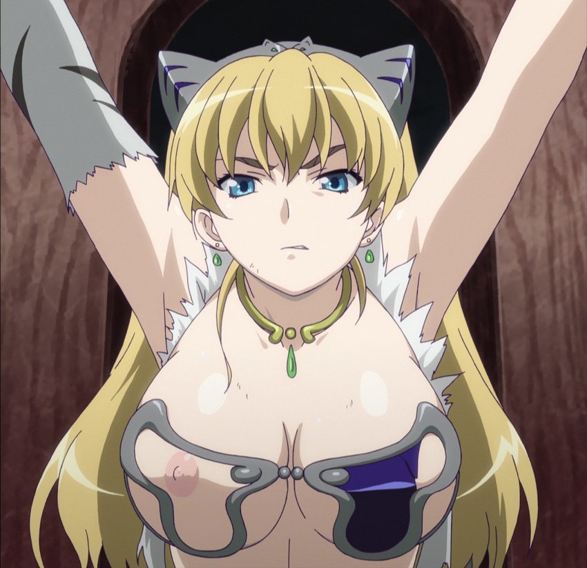 angry blonde_hair blue_eyes breasts earrings elina female gradient gradient_background highres jewelry large_breasts long_hair nipples queen's_blade queen's_blade solo stitched torn_clothes