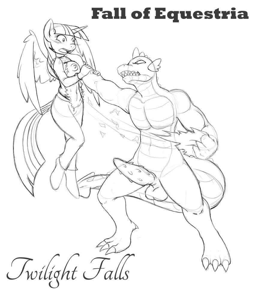 abs anthro anthrofied areola balls blush breasts clothed clothing domination dragon duo english_text equine erection fall_of_equestria female friendship_is_magic half-closed_eyes horn horse imminent_rape male male/female mammal monochrome my_little_pony navel nipples nude open_mouth penis plain_background pony poprocks scalie sharp_teeth spike_(mlp) teeth text tongue torn_clothing twilight_sparkle_(mlp) white_background wings