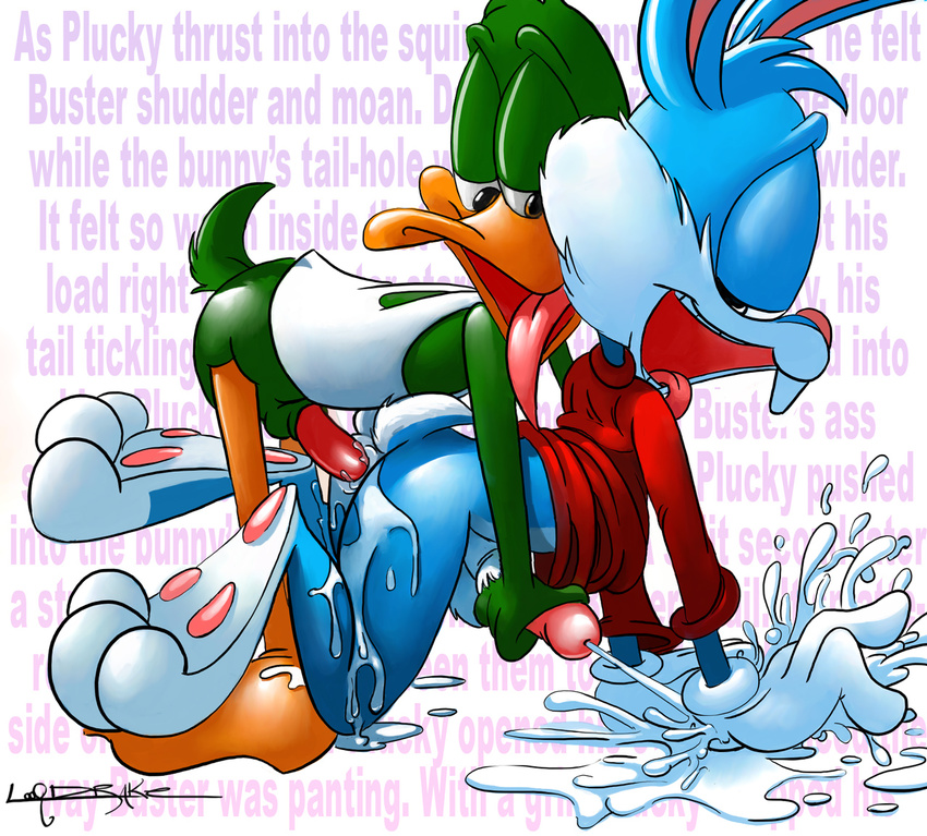 avian balls bird buster_bunny cum cum_everywhere duo hyper hyper_cum lagomorph male male/male mammal messy open_mouth penis plucky_duck rabbit sex tiny_toon_adventures tongue warner_brothers whippytail young