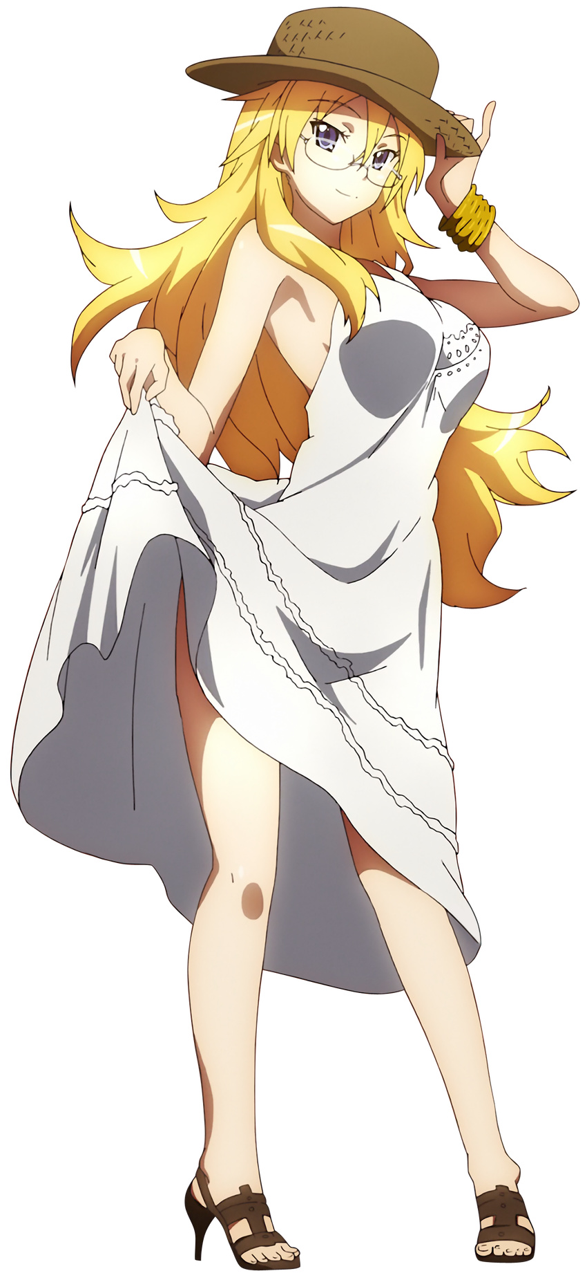 absurdres armpits bare_arms bare_shoulders ben-tou blonde_hair bracelet dress extraction full_body glasses hair_between_eyes hand_on_headwear hat high_heels highres jewelry long_hair looking_at_viewer sandals shaga_ayame skirt_hold sleeveless sleeveless_dress standing transparent_background