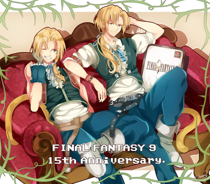 age_comparison anniversary belt blonde_hair boots copyright_name couch final_fantasy final_fantasy_ix green_eyes highres jewelry long_hair looking_at_viewer momose_akira multiple_boys multiple_persona neck_ribbon necklace older one_eye_closed ponytail ribbon signature sitting sleeve_rolled_up smile tail vest wrist_cuffs zidane_tribal