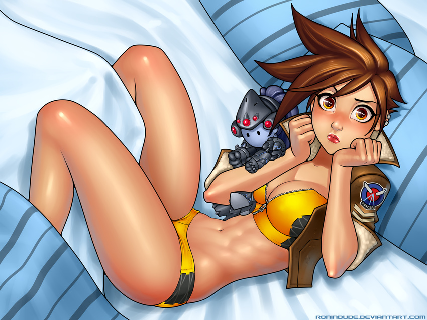 abs absurdres bed blush bomber_jacket breasts brown_hair character_doll cleavage cropped_jacket doll doll_hug earrings highres jacket jewelry lips lipstick looking_at_viewer makeup medium_breasts midriff navel overwatch pillow pout ronindude short_hair slender_waist solo swimsuit tankini thighs toned tracer_(overwatch) unzipped widowmaker_(overwatch) zipper