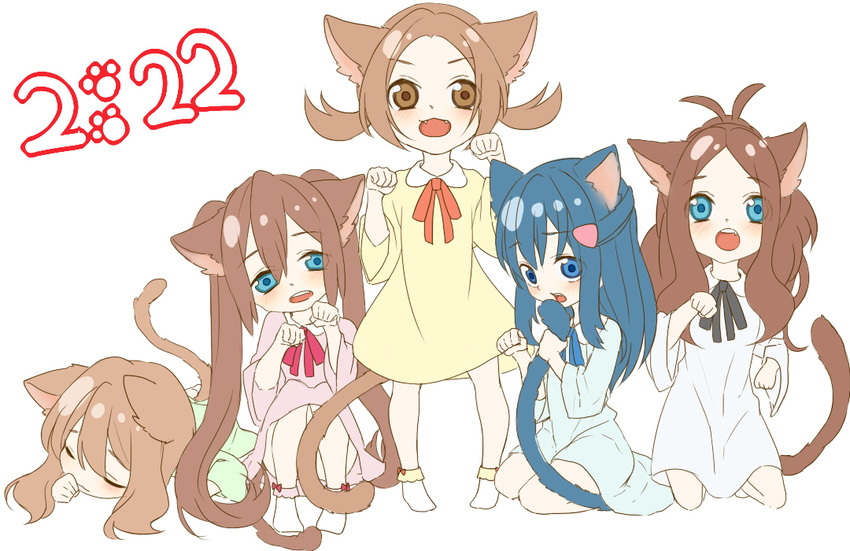 animal_ears black_hair blue_eyes brown_hair cat_ears cat_tail haruka_(pokemon) hikari_(pokemon) kemonomimi_mode kotone_(pokemon) long_hair makoooko mei_(pokemon) multiple_girls pokemon pokemon_(game) pokemon_bw pokemon_bw2 pokemon_dppt pokemon_hgss pokemon_rse simple_background smile tail touko_(pokemon)