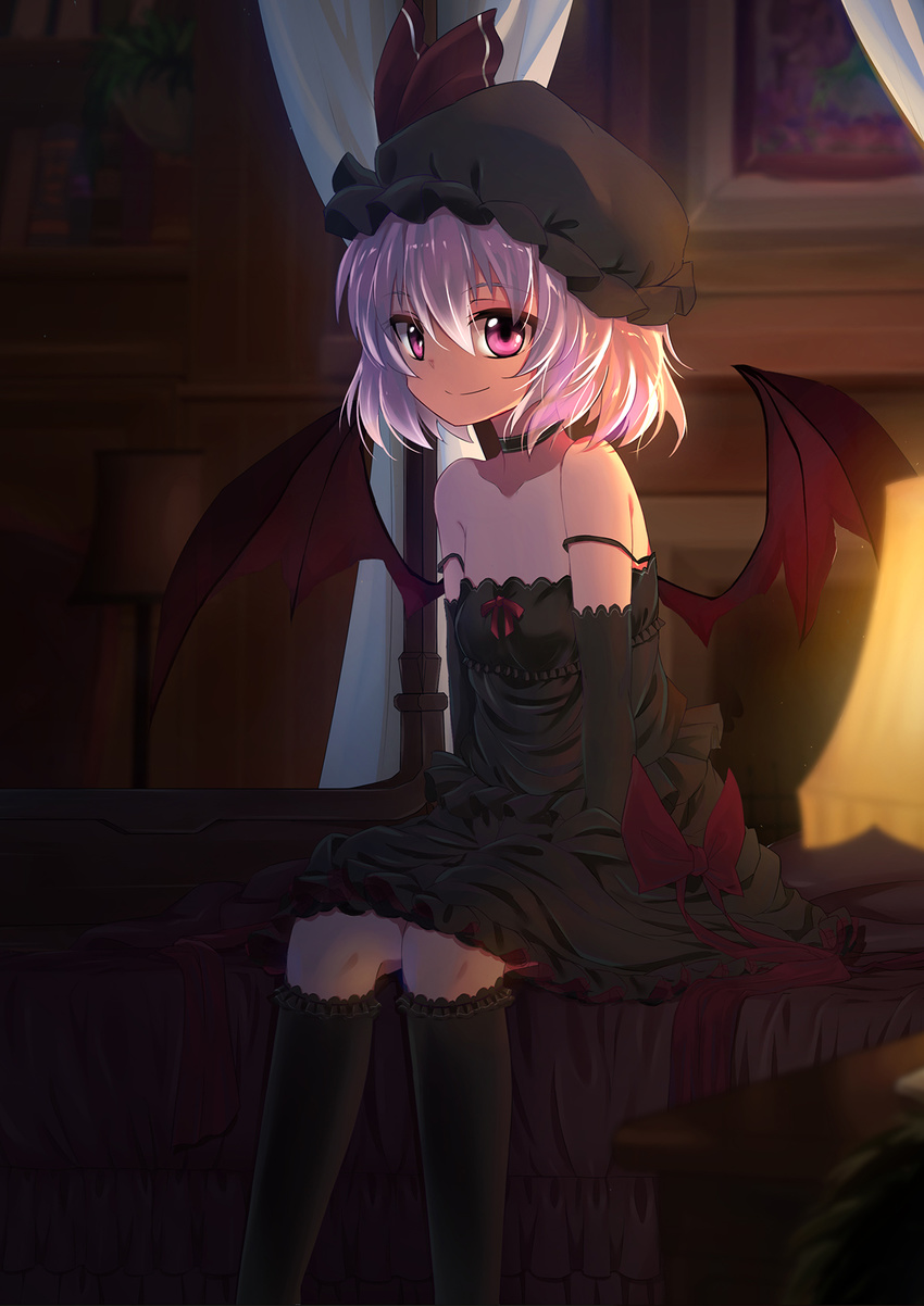 alternate_costume bare_shoulders bat_wings black_dress black_gloves black_legwear caibao choker dark dress elbow_gloves gloves hat hat_ribbon highres kneehighs lavender_hair light looking_at_viewer mob_cap pink_eyes remilia_scarlet ribbon short_hair sitting sleeveless solo strap_slip touhou wings