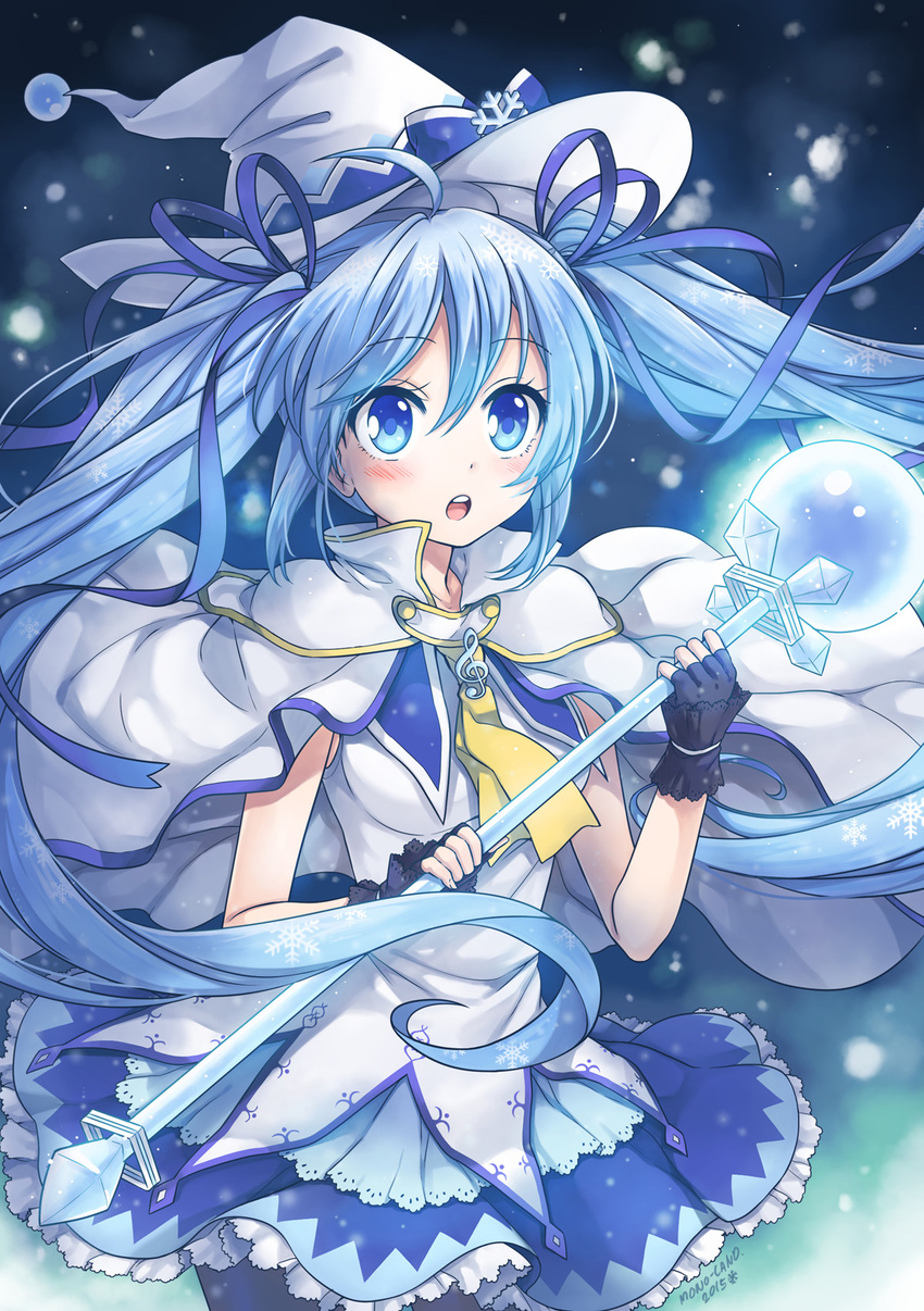 2015 artist_name blue_eyes blue_hair blush fingerless_gloves gloves hair_ribbon hat hatsune_miku highres long_hair mono_land open_mouth pantyhose ribbon skirt snowflakes solo suki!_yuki!_maji_magic_(vocaloid) twintails very_long_hair vocaloid wand witch_hat yuki_miku