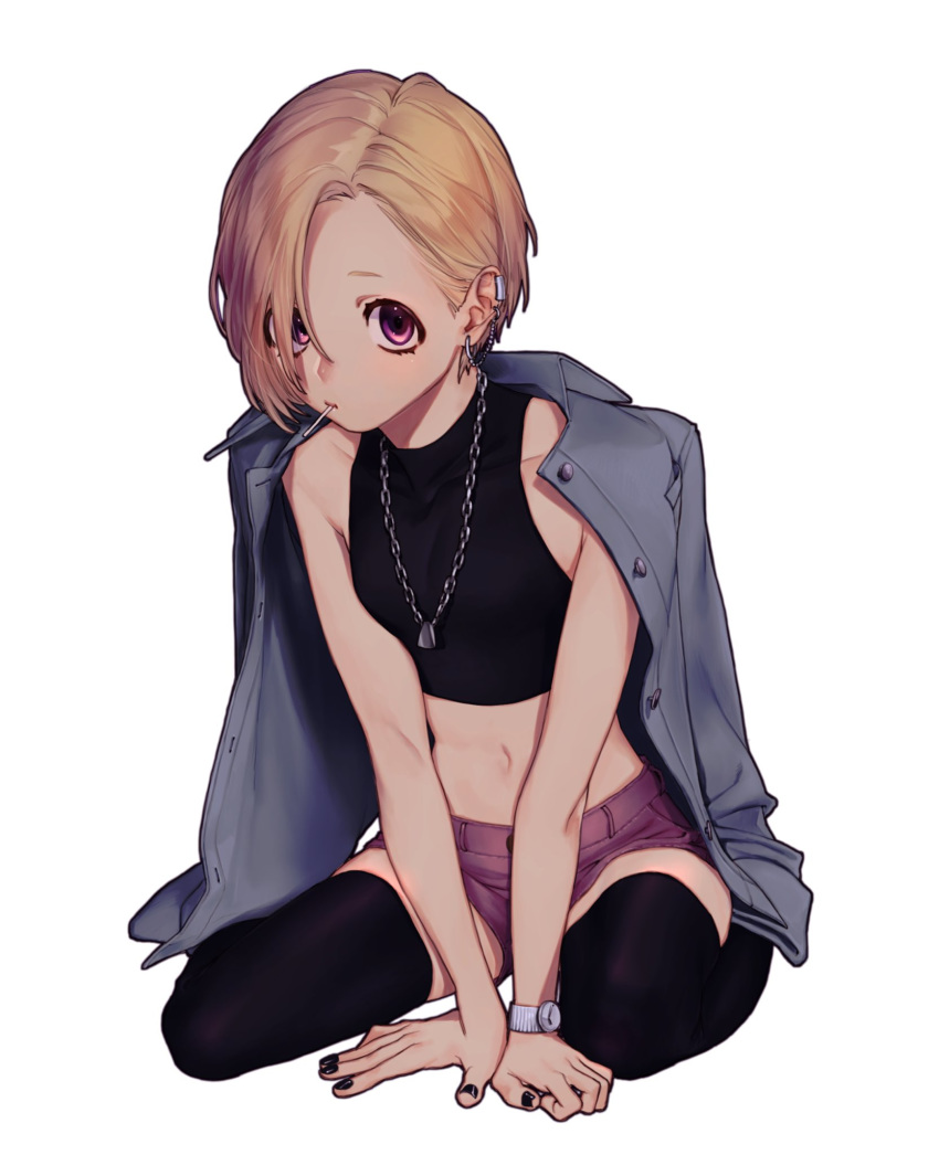 1girl arm_support arms_between_legs black_legwear black_nails blonde_hair brown_eyes candy chain_necklace commentary crop_top ear_piercing earrings food full_body hair_over_one_eye highres idolmaster idolmaster_cinderella_girls jacket jacket_on_shoulders jewelry lollipop looking_at_viewer mouth_hold nail_polish navel necklace piercing shirasaka_koume shiy-tapi short_hair short_shorts shorts simple_background sitting sleeveless solo thighhighs v_arms wariza watch white_background wristwatch