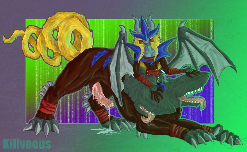 anthro bat_wings belt blonde_hair claws clothed clothing cum cum_on_penis digimon drooling erection fangs feral fluffy fluffy_tail fur grandracmon hair horn humanoid killveous long_hair looking_at_viewer male mammal mask multi_head muscles obstructed_eyes open_mouth penis saliva sheath smile solo taur teeth toe_claws tongue tongue_out vampire winged_taur wings