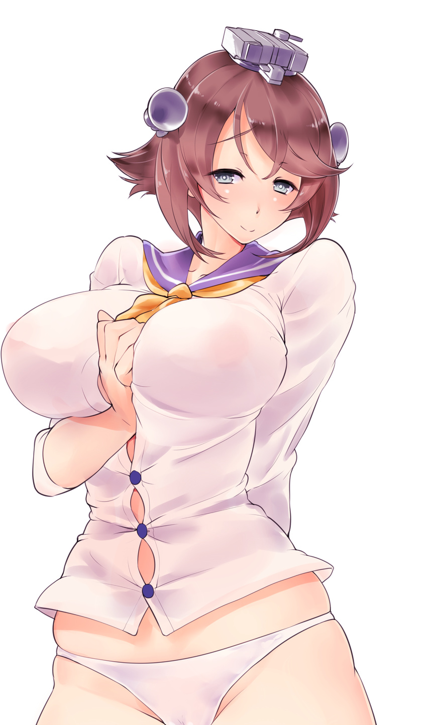 blush breasts brown_hair buttons cosplay green_eyes headgear highres kantai_collection large_breasts mutsu_(kantai_collection) panties school_uniform serafuku short_hair simple_background smile solo ueda_torini underwear white_background white_panties yukikaze_(kantai_collection) yukikaze_(kantai_collection)_(cosplay)