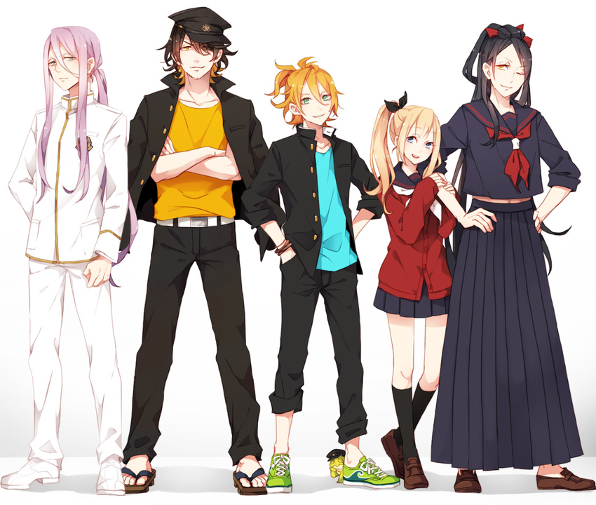 alternate_hairstyle black_legwear blonde_hair blue_eyes bracelet brown_hair crossdressing crossed_arms full_body gakuran geta green_eyes hachisuka_kotetsu hair_ribbon hands_in_pockets hands_on_hips hat highres jacket_on_shoulders jewelry jirou_tachi kamekichi long_hair long_skirt looking_at_viewer male_focus midare_toushirou multicolored_hair multiple_boys nagasone_kotetsu one_eye_closed orange_hair otoko_no_ko parted_lips pleated_skirt ponytail purple_hair ribbon school_uniform serafuku shoes simple_background skirt socks standing sukeban touken_ranbu turtle two-tone_hair urashima_kotetsu very_long_hair white_background yellow_eyes yugake_(mrnmrm)