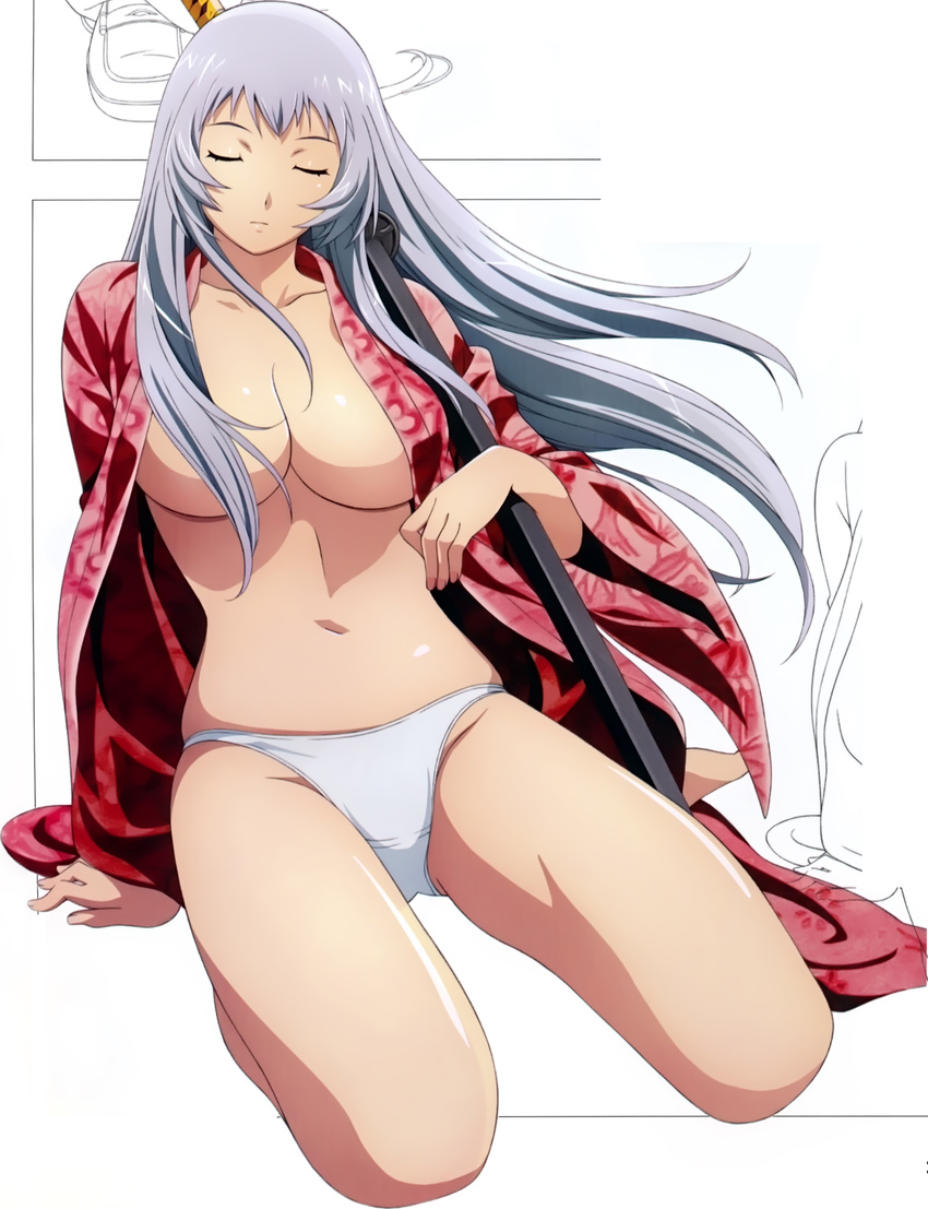 1girl breasts chouun_shiryuu eyes_closed female ikkitousen katana large_breasts long_hair official_art simple_background sitting solo sword weapon white_hair