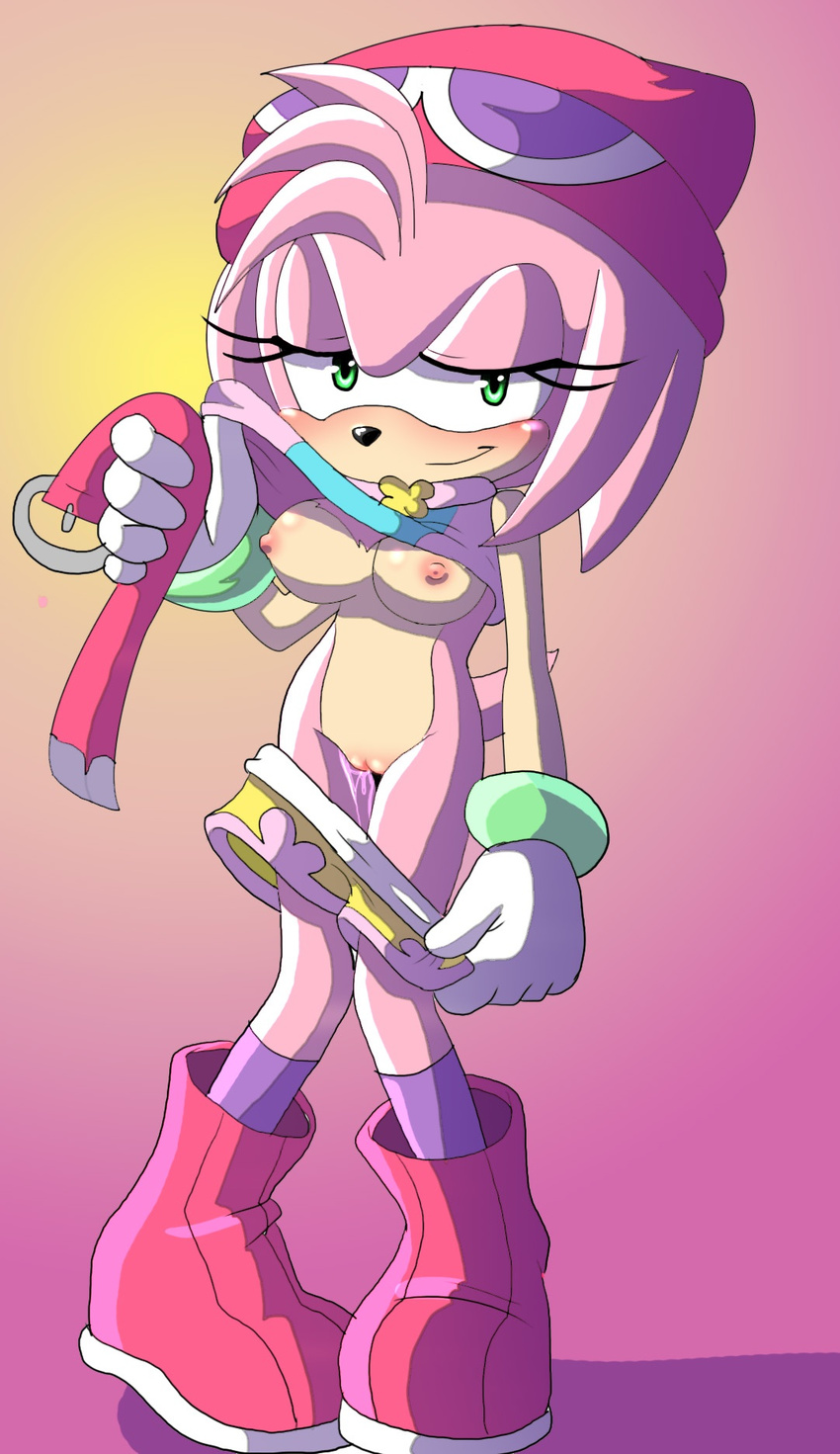 amy_rose angelofhapiness anthro belt black_nose blush boots breasts clothing cub eyelashes female footwear green_eyes hair hedgehog mammal pussy shorts sonic_(series) sonic_the_hedgehog striping striptease young