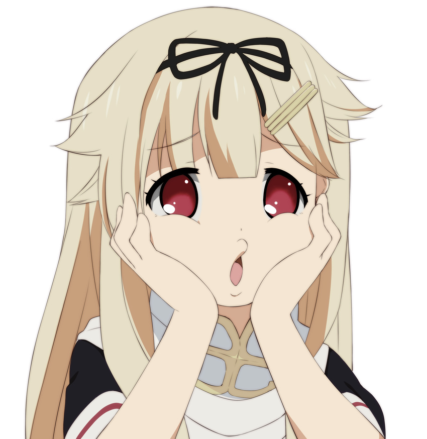 absurdres black_ribbon blonde_hair hair_flaps hair_ornament hair_ribbon hairclip hands_on_own_cheeks hands_on_own_face highres kantai_collection long_hair nigo_(aozoragarou) o3o poi_face red_eyes remodel_(kantai_collection) ribbon simple_background solo white_background yuudachi_(kantai_collection)