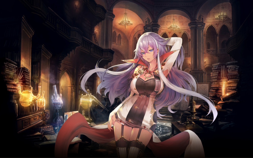 1girl absurdres alchemy arch architecture arm_at_side armillary_sphere armpit_cutout blue_eyes book book_stack bookshelf breasts bridal_gauntlets candle candlelight chandelier collarbone cygames desk dress flask garter_straps hair_between_eyes hand_in_hair hand_on_head hand_on_thigh high_collar highres indoors isabelle_(shadowverse) ladder large_breasts lavender_eyes lavender_hair legs_together library long_hair looking_at_viewer magic_circle microscope multicolored_hair official_art open_mouth potion shadowverse shiny shiny_skin short_dress sidelocks solo standing streaked_hair teddy_(khanshin) thighhighs thighs two-tone_hair white_hair whiteboard