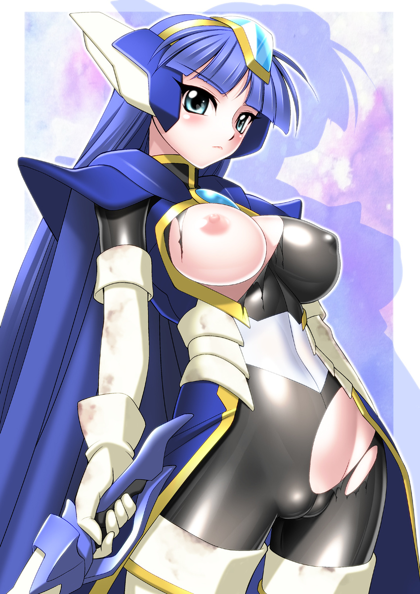 1girl areolae armor blue_eyes blue_hair blush breasts cameltoe cape female gloves highres large_breasts legs long_hair looking_at_viewer magic_knight_rayearth nipples no_panties ryuuzaki_umi sakura_ryuuken serious shoulder_pads simple_background skin_tight solo standing sword thighs torn_clothes weapon