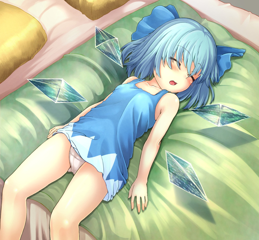 1girl adworse bangs bare_arms bare_legs bare_shoulders blue_bow blue_dress blue_hair blue_wings bow cirno collarbone dress eyebrows_visible_through_hair eyes_closed hair_bow highres ice ice_wings indoors lying on_back on_bed open_mouth panties pantyshot pantyshot_(lying) pillow short_dress short_hair sleeping solo touhou underwear white_panties wings