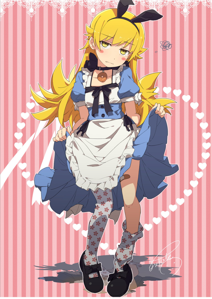 1girl absurdres animal_ears bandaid blonde_hair blush_stickers bunny_ears choker commentary_request dress dress_lift fang_out floral_print highres long_hair looking_at_viewer mary_janes monogatari_(series) ogipote oshino_shinobu shoes signature single_shoe solo thighhighs yellow_eyes
