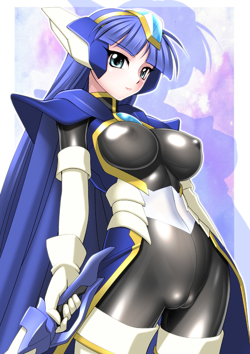1girl armor blue_eyes blue_hair breasts cameltoe cape erect_nipples female gloves highres large_breasts legs long_hair looking_at_viewer magic_knight_rayearth ryuuzaki_umi sakura_ryuuken shoulder_pads simple_background skin_tight smile solo standing sword thighs weapon