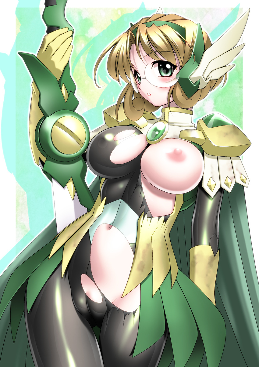 1girl areolae armor blonde_hair blush breasts cameltoe cape female glasses gloves green_eyes highres hououji_fuu large_breasts legs looking_at_viewer magic_knight_rayearth navel nipples no_panties sakura_ryuuken short_hair shoulder_pads simple_background skin_tight solo standing sword thighs torn_clothes weapon