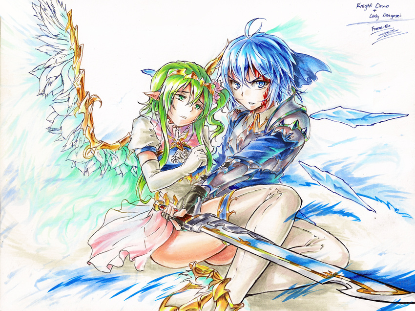 angry black_gloves blood blood_on_face blue_eyes blue_hair character_name cirno commentary daiyousei elbow_gloves english fairy_wings feathered_wings fingerless_gloves freeze-ex gloves green_eyes green_hair ice ice_wings knight long_legs marker_(medium) multiple_girls protecting serious sword thighhighs thighs tiara touhou traditional_media weapon white_gloves wings