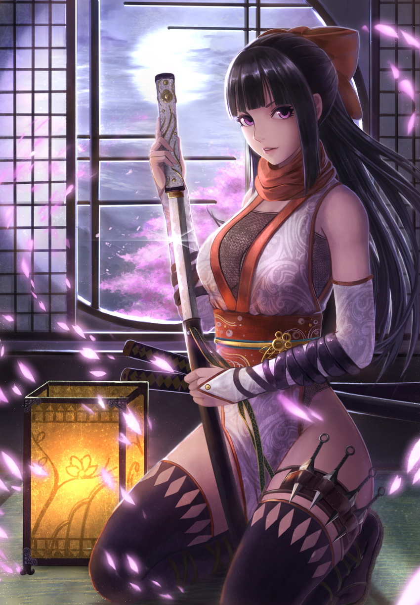 1girl bare_shoulders black_hair black_legwear black_thighhighs female fishnet_top kneeling long_hair looking_at_viewer original ponytail purple_eyes solo thighhighs yazuo yazuwo