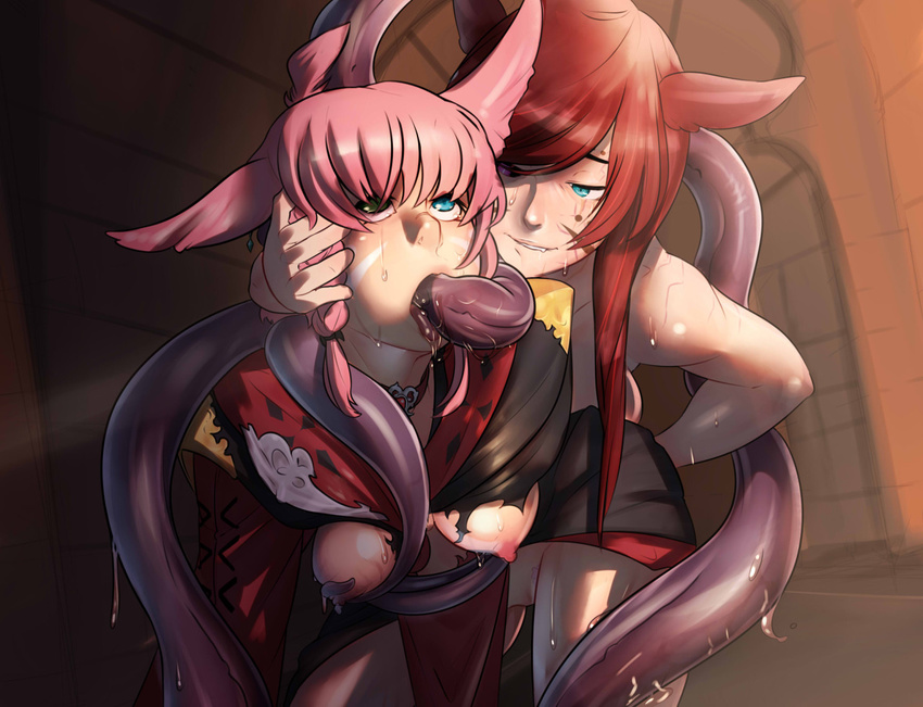 2girls animal_ears biting blue_eyes blush breast_grab cat_ears fellatio final_fantasy final_fantasy_xiv grabbing green_eyes hair_grab helpless heterochromia irrumatio john_doe lip_biting long_hair miqo'te miqo'te mole mole_under_eye multiple_girls naughty_face nipples no_panties nose oral pink_hair red_hair rolling_eyes sweat tears tentacle torn_clothes