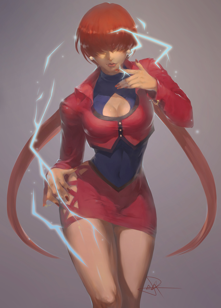 breasts cleavage cleavage_cutout cropped_jacket earrings electricity hair_over_eyes highres huge_breasts jewelry large_breasts lips lipstick long_hair makeup miniskirt orochi_shermie red_hair shermie skirt solo spade-m the_king_of_fighters twintails