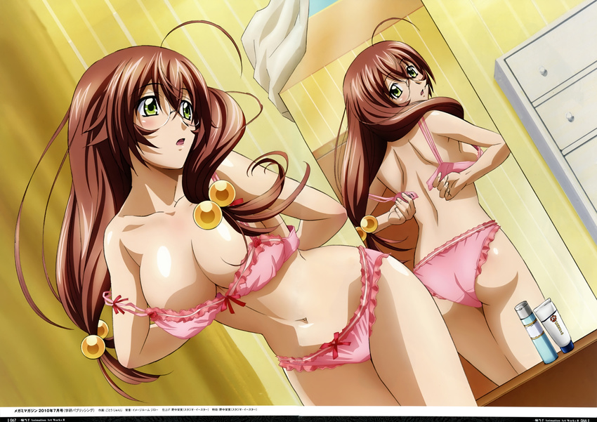 :o absurdres ahoge arms_behind_back ass back bangs blush bow bow_bra bow_panties bra breasts brown_hair cleavage cowboy_shot dressing dutch_angle frilled_bra frilled_panties frills from_behind glasses gotou_junji green_eyes hair_between_eyes hair_bobbles hair_ornament hair_over_shoulder highres huge_filesize ikkitousen ikkitousen_xtreme_xecutor indoors large_breasts leaning_forward lingerie long_hair low-tied_long_hair low_twintails md5_mismatch megami mirror navel official_art open_bra open_mouth panties pink_bra pink_panties reflection rimless_eyewear ryuubi_gentoku scan sideboob solo standing strap_slip striped surprised twintails underwear underwear_only vertical_stripes wide_hips