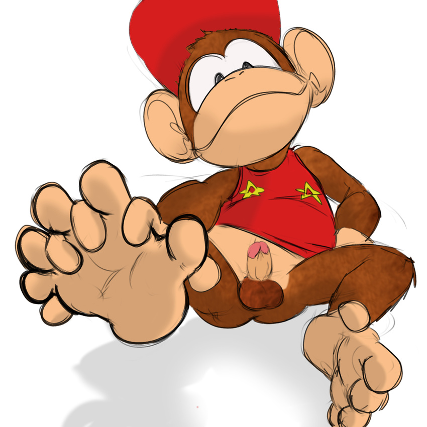 5_toes balls barefoot bottomless brown_fur clothed clothing colored diddy_kong donkey_kong_(series) fur half-dressed hat hindpaw jerseydevil male mammal monkey nintendo paws penis plain_background primate sketch smile soles solo toes video_games