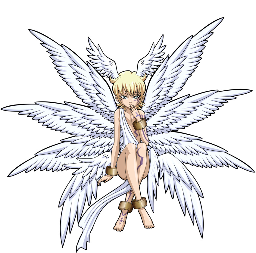 angel anklet blonde_hair bottomless bracelet clothed clothing digimon feathers freckles hair half-dressed human humanoid jewelry loincloth lucemon_(rookie) male mammal markings not_furry plain_background shota sitting smile smirk solo sparks220stars toga wings young