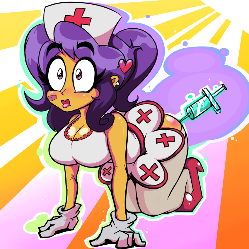 big_breasts blush breasts cleavage clothed clothing needle nurse vimhomeless