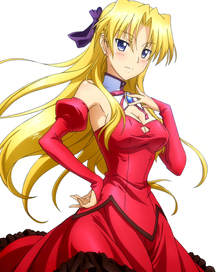 blonde_hair blue_eyes breasts campione! cleavage dress erica_blandelli extraction hand_on_hip highres long_hair medium_breasts red_dress solo transparent_background