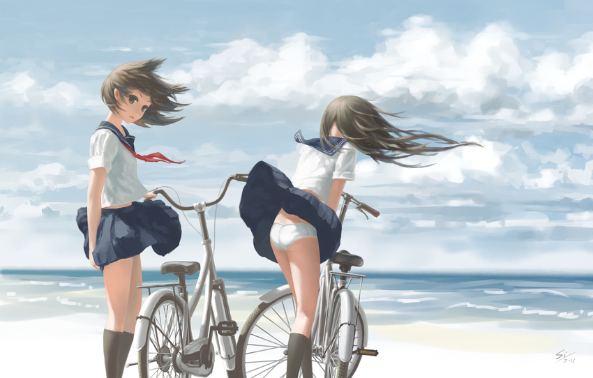 ass bicycle black_eyes black_hair ground_vehicle highres long_hair multiple_girls original panties pleated_skirt sailor_collar_lift school_uniform serafuku short_hair si_(ruanmumu) skirt underwear white_panties wind wind_lift