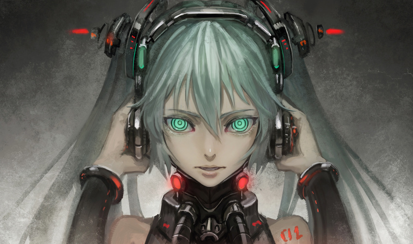 aqua_eyes aqua_hair bare_shoulders bryanth glowing glowing_eyes hands_on_headphones hatsune_miku highres long_hair long_sleeves looking_at_viewer parted_lips ringed_eyes silver_hair solo tattoo twintails upper_body vocaloid