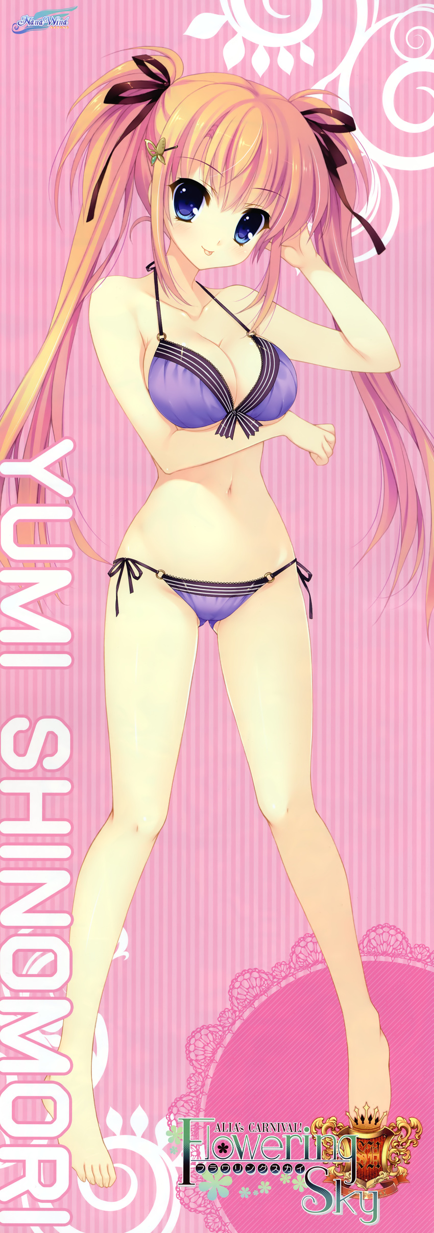 :p absurdres alia's_carnival! bare_shoulders barefoot bikini blue_eyes breast_hold breasts brown_hair character_name cleavage collarbone full_body head_tilt highres large_breasts looking_at_viewer mitha o-ring o-ring_bottom o-ring_top purple_bikini shinomori_yumi side-tie_bikini solo standing string_bikini swimsuit tiptoes tongue tongue_out twintails