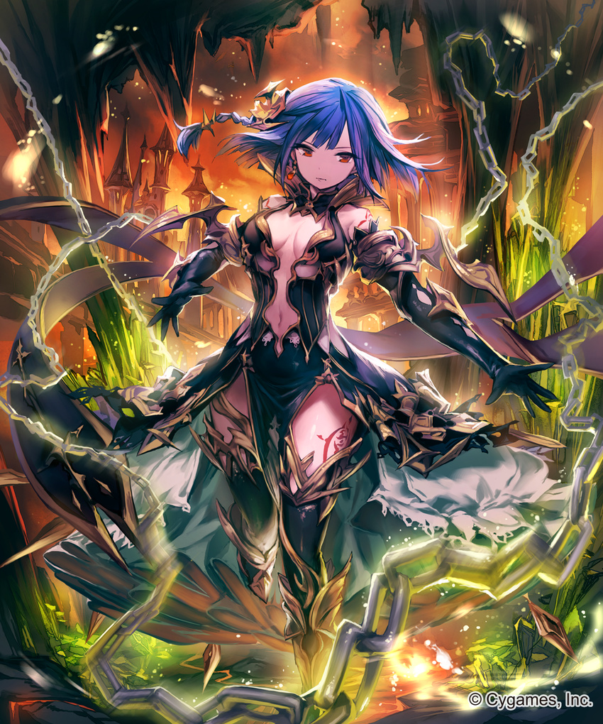 bare_shoulders blue_hair breasts center_opening city cleavage cygames detached_sleeves dress earrings elbow_gloves fantasy fire gloves highres jewelry lee_hyeseung light_particles magic medium_breasts navel pelvic_curtain red_eyes shingeki_no_bahamut short_hair smoke solo standing standing_on_one_leg tattoo thighhighs walking