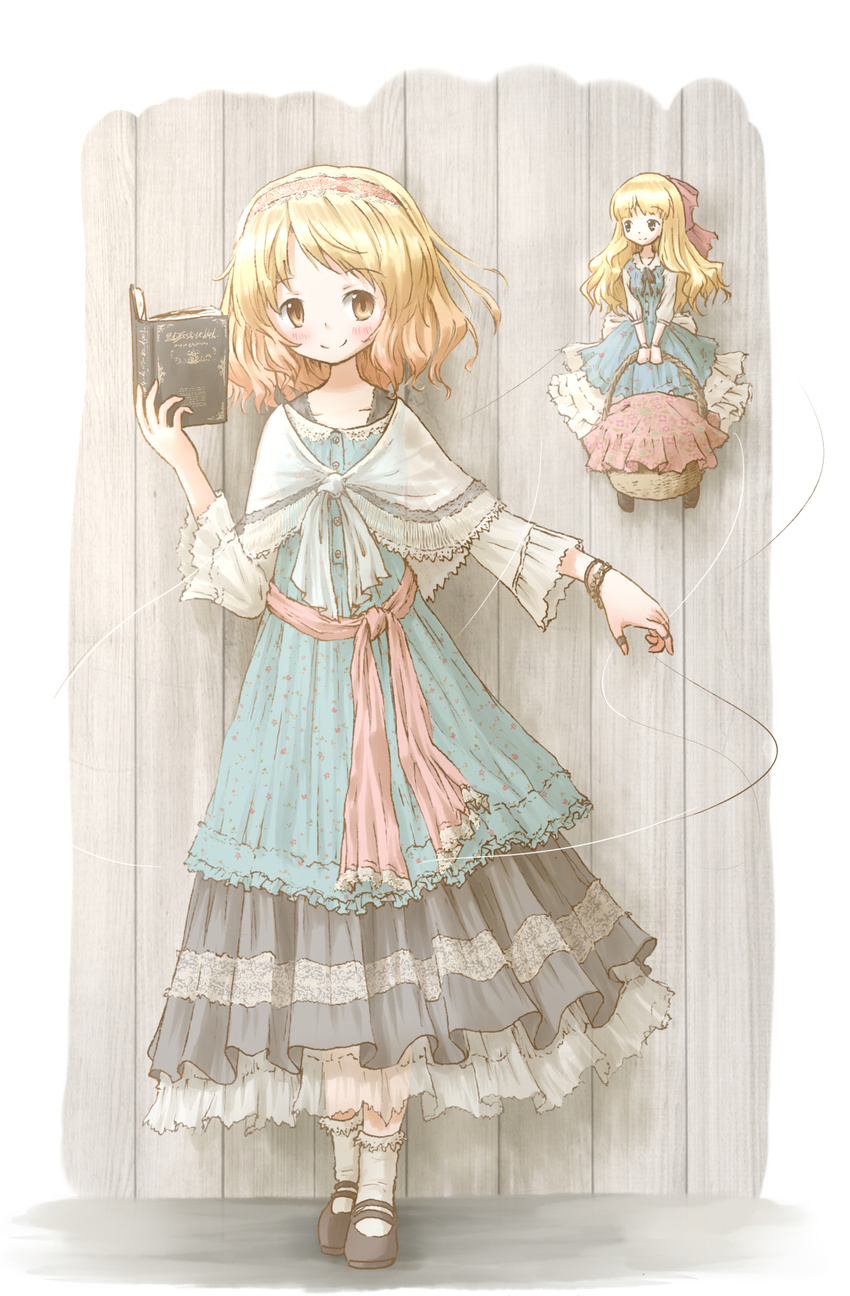 adapted_costume alice_margatroid alternate_costume arinu basket blonde_hair blue_dress blush book bow bracelet capelet carrying dated doll dress embellished_costume full_body grimoire_of_alice hair_bow hair_ribbon hairband highres jewelry layered_dress long_hair long_sleeves looking_at_another looking_at_viewer mary_janes open_book puppet_rings puppet_strings ribbon sash shanghai_doll shoes short_hair smile socks solo string touhou white_legwear wide_sleeves yellow_eyes