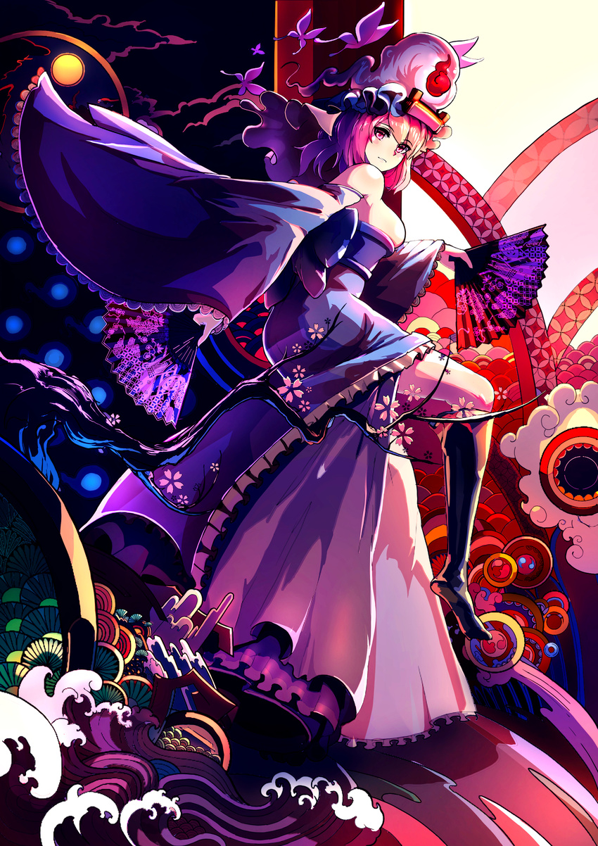 absurdres adapted_costume alternate_headwear ass bare_shoulders black_legwear blue_dress blush breasts bug butterfly cherry_blossoms cleavage cloud detached_sleeves dress dual_wielding egasumi expressionless fan folding_fan frilled_dress frilled_sleeves frills full_moon goshoguruma highres hitodama holding insect janyhero japanese_clothes jpeg_artifacts kikumon kneehighs light looking_at_viewer looking_to_the_side medium_breasts moon night night_sky obi pink_eyes pink_hair revision saigyouji_yuyuko saigyouji_yuyuko's_fan_design sash seigaiha shippou_(pattern) short_hair skindentation sky solo spirit strapless strapless_dress thighs touhou tree_branch veil waves wide_sleeves wind