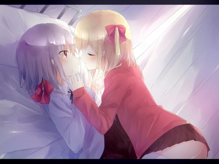 alternate_costume ass bed blonde_hair border bow closed_eyes curtains dutch_angle face-to-face flandre_scarlet hair_bow hair_ornament hair_ribbon hand_on_another's_face highres hood hoodie imminent_kiss incest long_sleeves looking_at_another lying miniskirt multiple_girls no_hat no_headwear no_wings on_back on_bed open_mouth profile red_eyes remilia_scarlet ribbon sakuyunomi short_hair side_ponytail skirt sweater thighhighs touhou white_legwear yuri