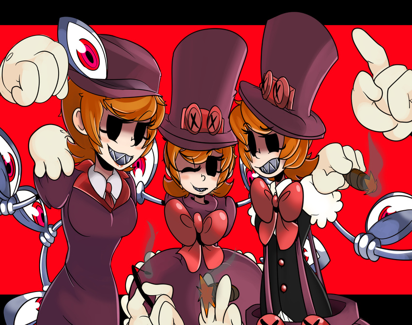 arm_around_neck bad_id bad_pixiv_id bow captain_kirb cigar commentary dress dress_shirt extra_eyes eye_socket fedora gloves hat highres looking_at_viewer matches mechanical_arms multiple_girls multiple_persona necktie older orange_hair peacock_(skullgirls) red_background red_eyes sharp_teeth shirt short_hair simple_background skullgirls smile smoke teeth time_paradox top_hat white_gloves